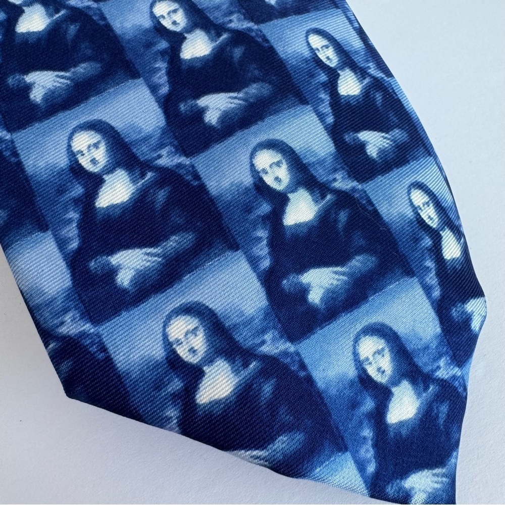 Mona Lisa Silk Neck Tie Blue Novelty Academia Office Business Teacher - Picture 2 of 8
